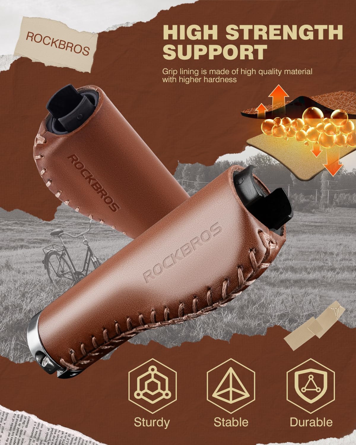 ROCKBROS Manopole per manubrio in pelle, design ergonomico, in alluminio, con doppio blocco, per BMX, Mountain, MTB, Beach Cruiser, scooter, bici pieghevole