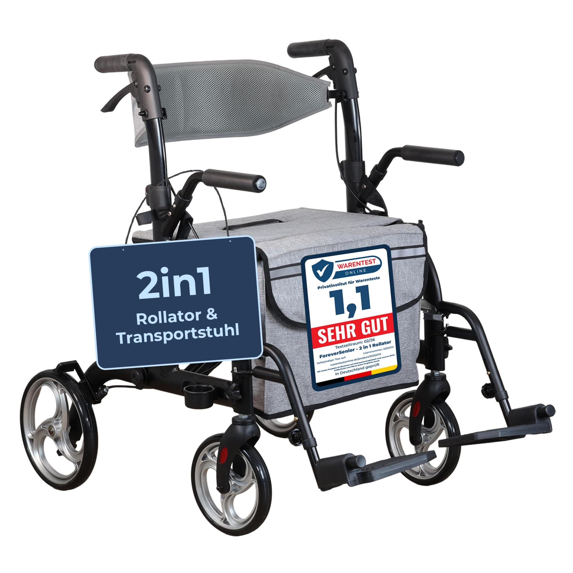 Rollator Rollstuhl 2 in 1 faltbar mit Federung, Matt-Schwarz