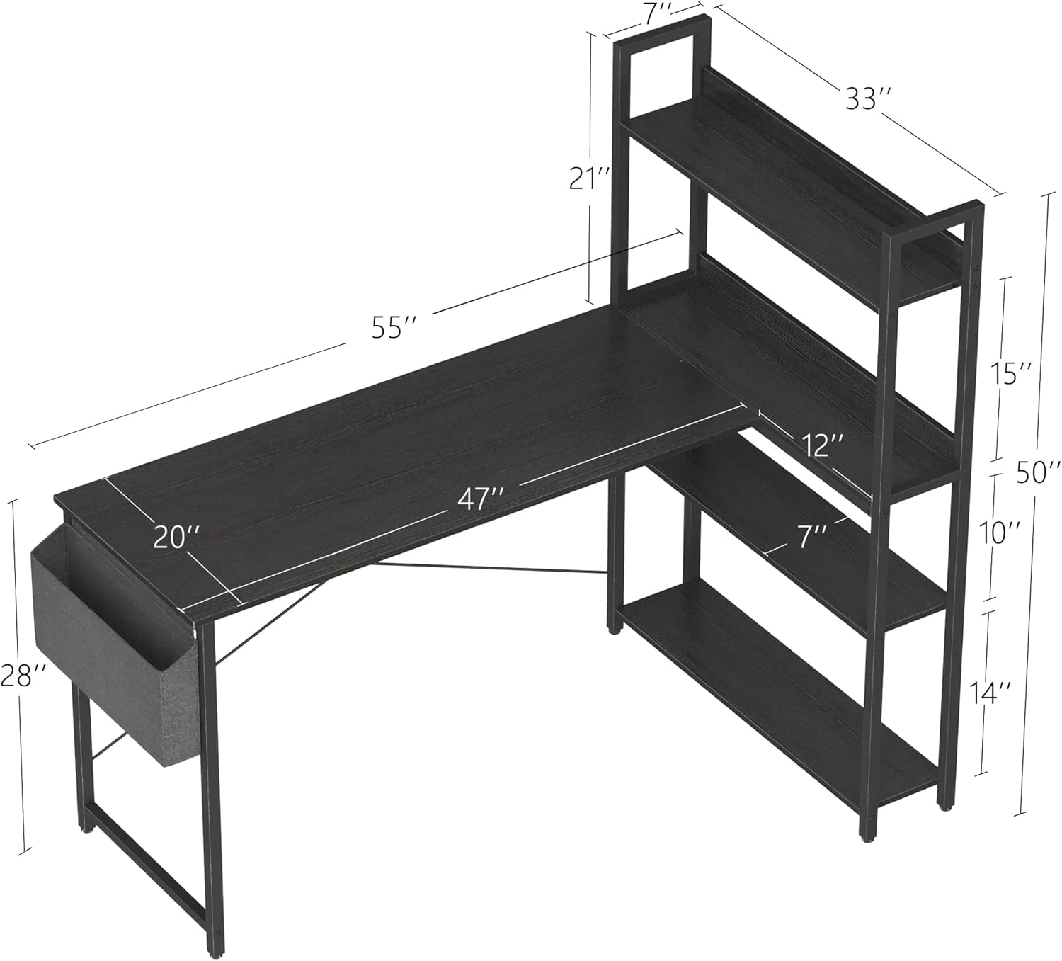 Treesland 55 Inch Small L Shaped Desk, Corner Desk with Bookshelf, Home Office Desk, Writing Study Desk for Bedroom, Black