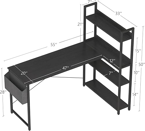 Miniatura 3 de Escritorio esquinero para computadora con estantes, escritorio pequeño en forma de L de 55 pulgadas con estantes, escritorio de oficina en casa con