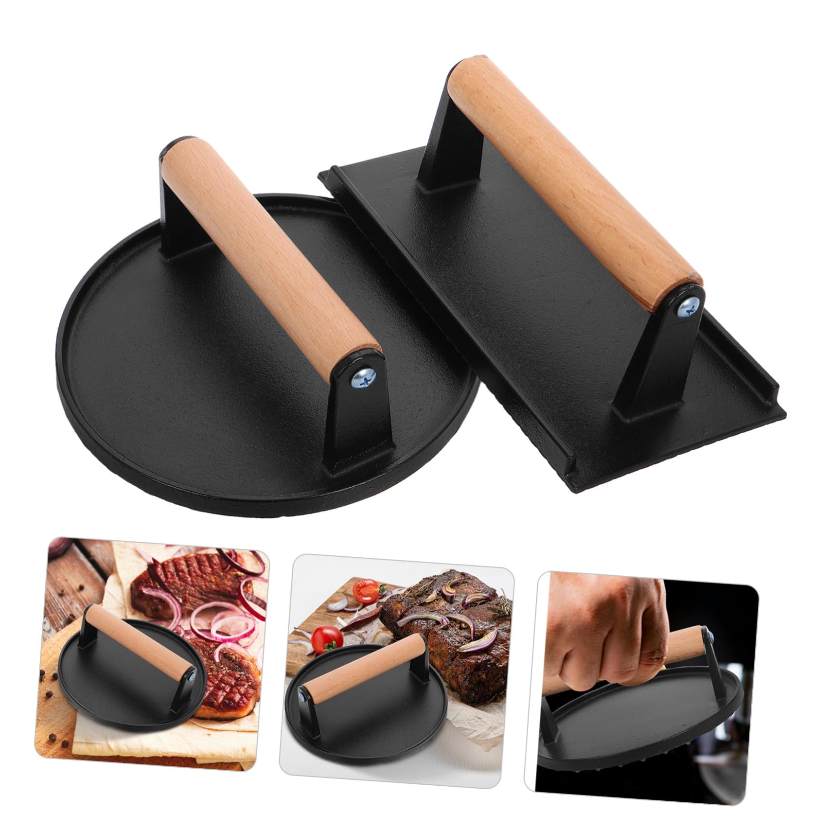 Prensa de Tocino de Hierro Fundido con Mango de Madera Cómodo, Prensa para Hamburguesas Negra Multifuncional para Cocina, Pack de 2 Piezas Redonda y Rectangular