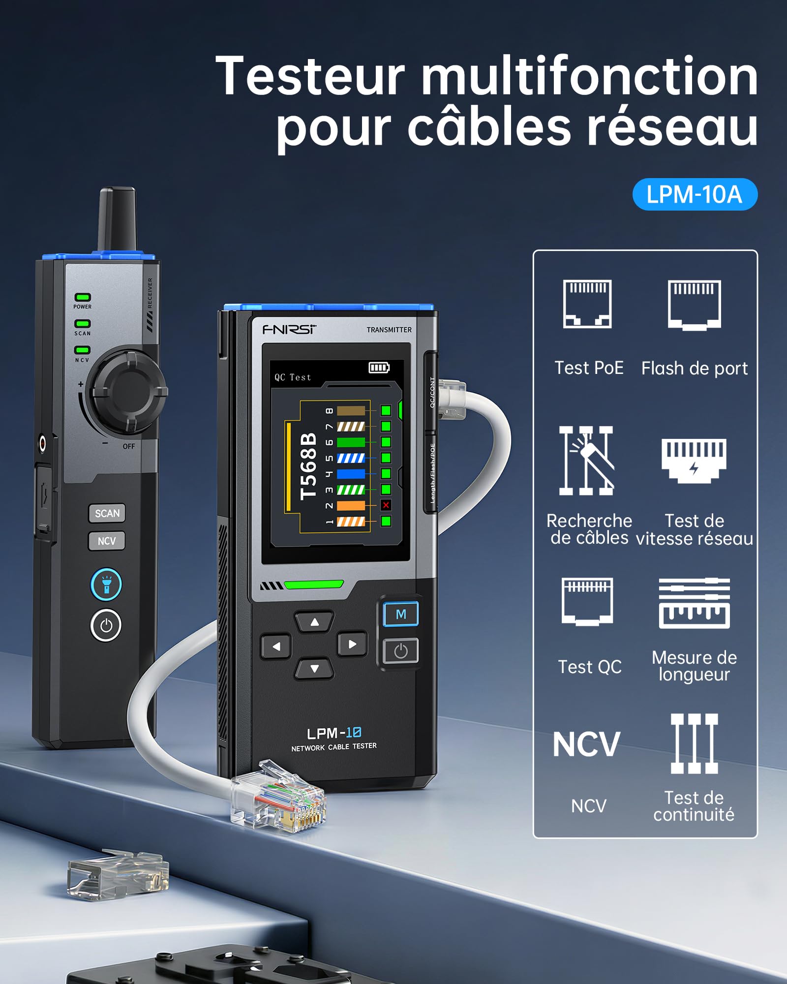 FNIRSI LPM-10A Testeur Câble RJ45, Testeur de Câbles Ethernet CAT5 CAT6 RJ11, Kit Traceur de Câble et Toner Réseau, Rechargeable Testeur Ethernet avec PoE/NCV/Test de Longueur