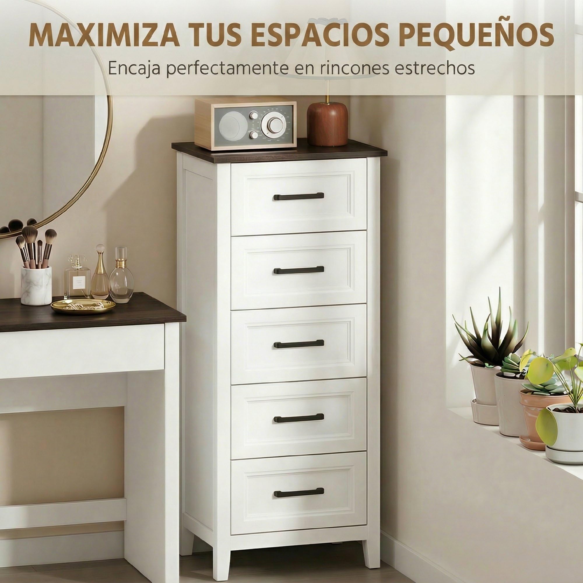 HOMCOM Cómoda 5 Cajones, Cómoda Dormitorio Estrecho y Alto con Encimera Efecto Madera, Cajonera para Espacios Pequeños, Salón, Oficina, 45x35x106 cm, Blanco
