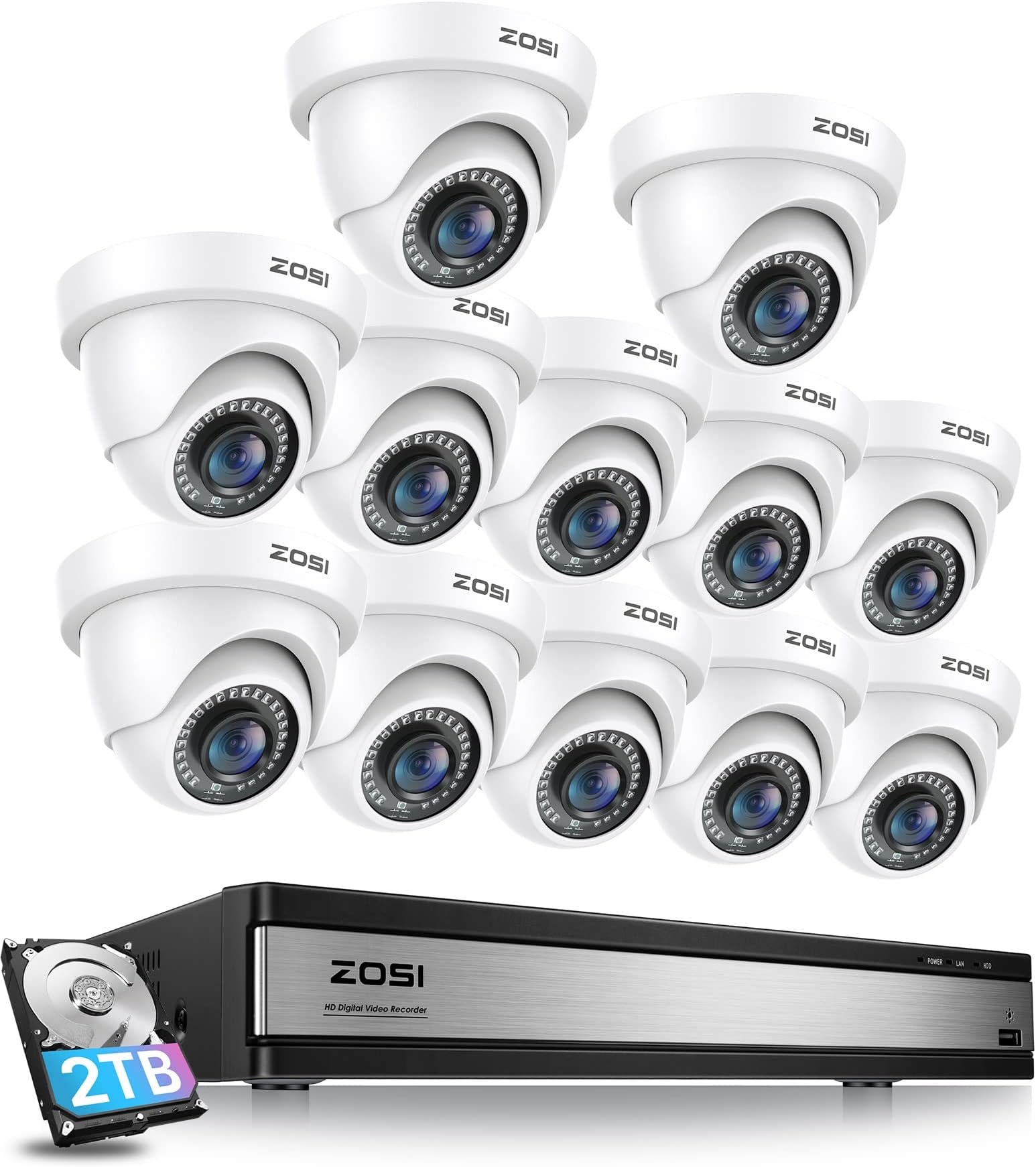 ZOSI 16 Channel Security Camera System with AI Human Vehicle Detection,3K Lite H.265+ DVR with Hard Drive 2TB and 12 x Outdoor Indoor 1080p CCTV Dome Cameras with 90°Wide Angle, 80ft Night Vision