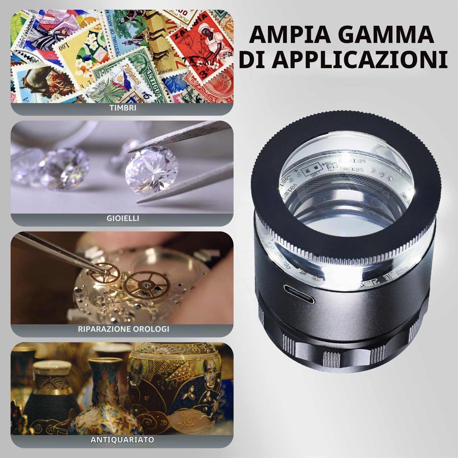 Lente d’ingrandimento per Gioiellieri 10x, Lente Portatile con 6 Luci LED e Scala in Vetro a 3 Misure, Lente Ricaricabile con Campo Visivo di 25 mm, per Gioielli, Gemme, Monete, Strumento per hobby