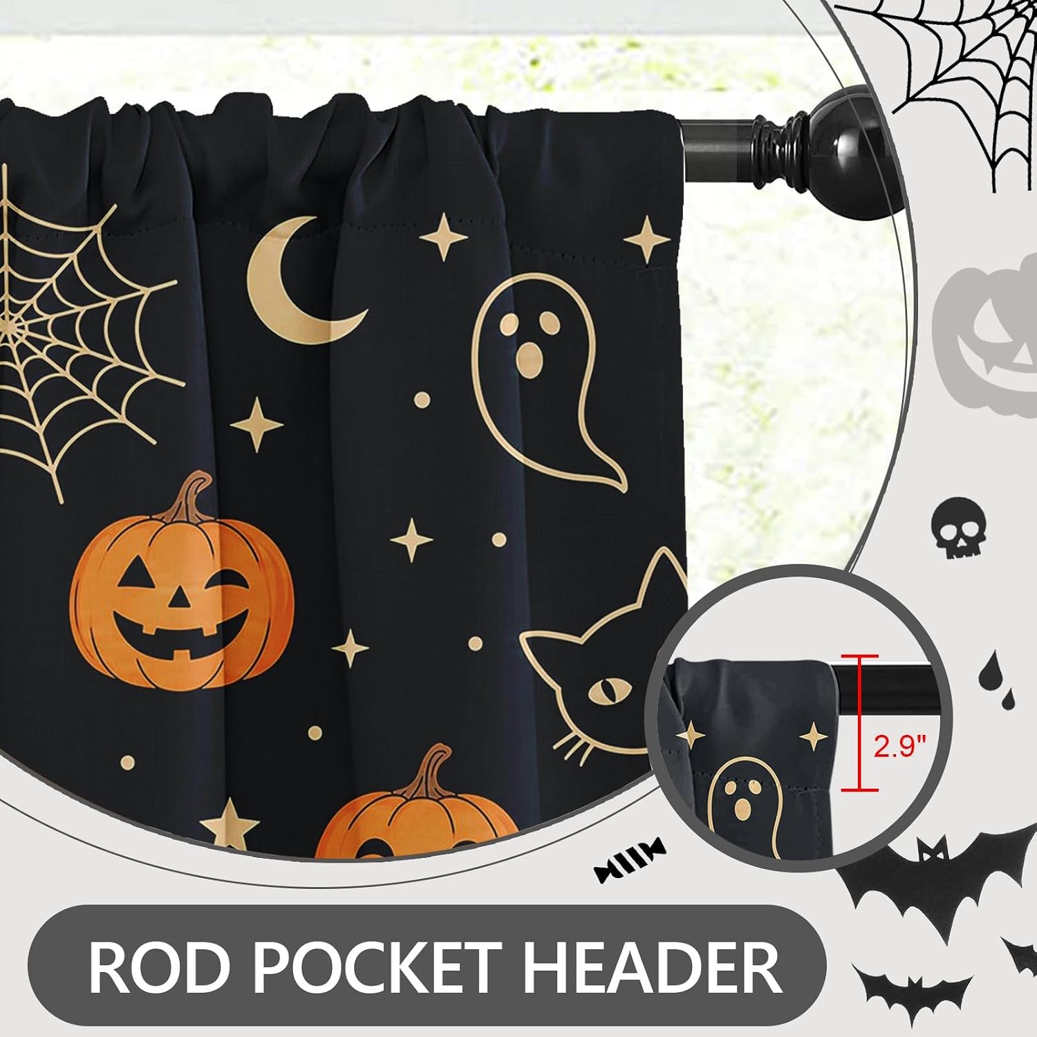 Arttown Halloween Retro Ghost Window Curtains and Valances Set 36 Inch, Cat Pumpkins Moon Black Short Tier Curtain for Cafe Living Room Bathroom, Halloween 3 Pieces Set Kitchen Decor
