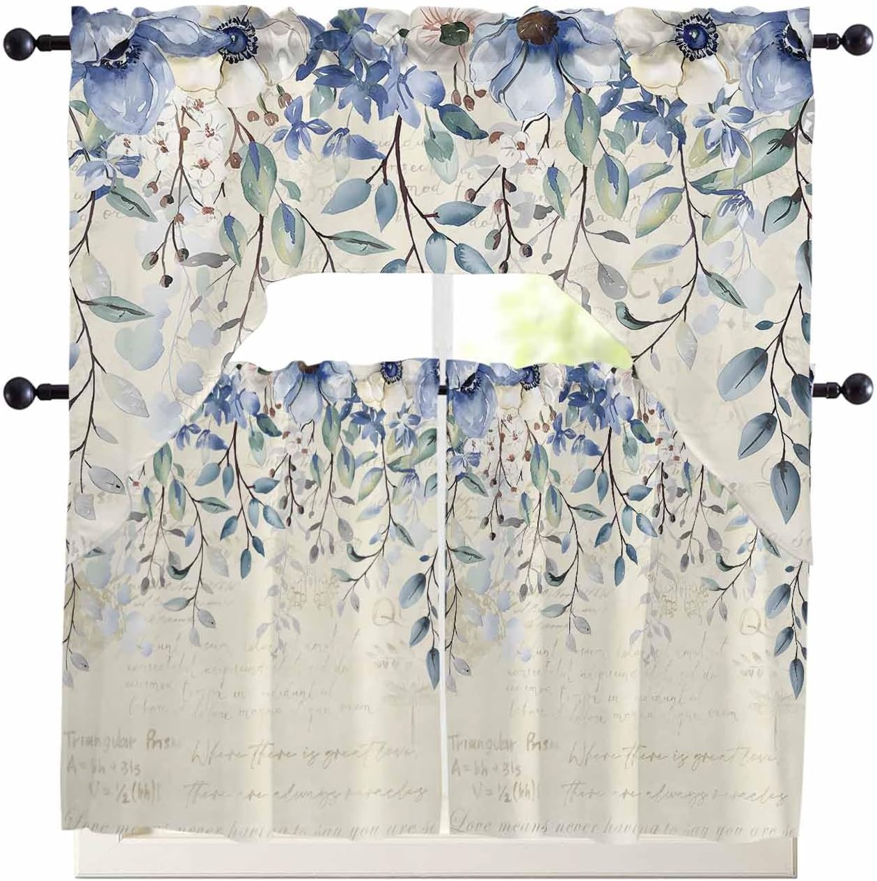Blue Spring Floral Kitchen Swag Valance and Tier Curtains Set - 24 Inch Length, Rod Pocket Drape Panels Pair for Bathroom/Cafe/Window - Elegant Botanical Summer Flowers Rustic