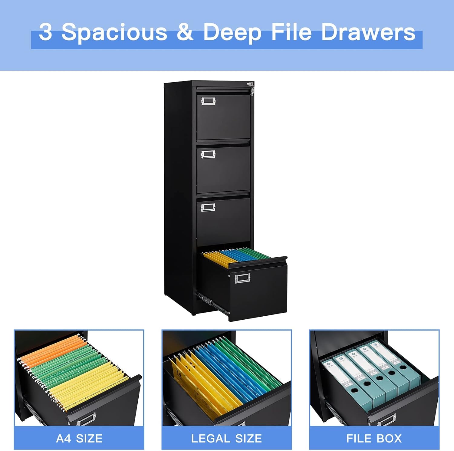 Yizosh 4 Drawer Black File Cabinet with Lock, Filing Cabinets for Home Office, Metal Locking Office File Storage Cabinets with Drawers, Vertical Small Filing Cabinet Organizer for Legal/A4