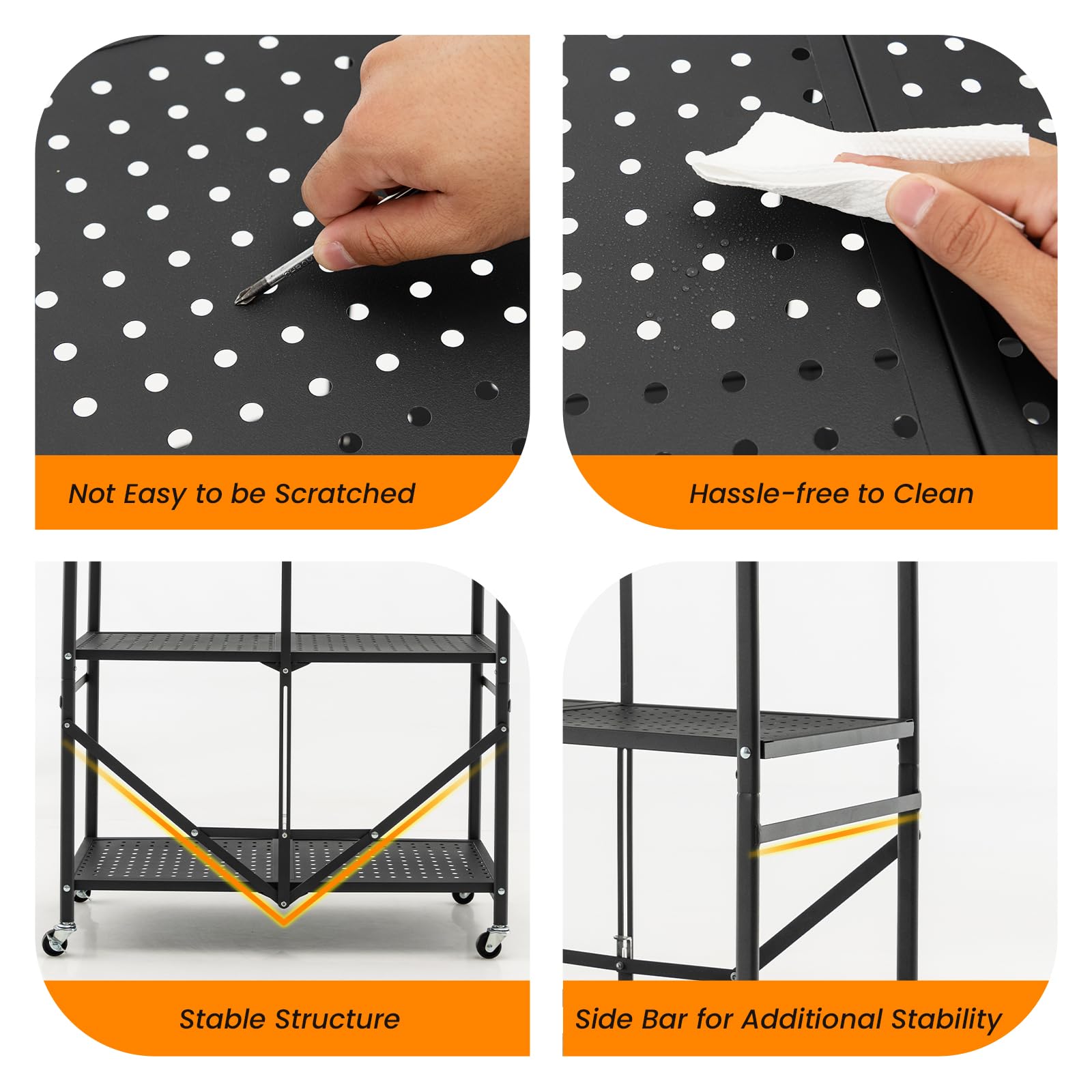 HOMASIS Carro plegable de cocina con 3 niveles, carrito de cocina con 4 ruedas, incluye 2 frenos, carrito de almacenamiento para ahorrar espacio, estantería de metal, estante de cocina, carrito