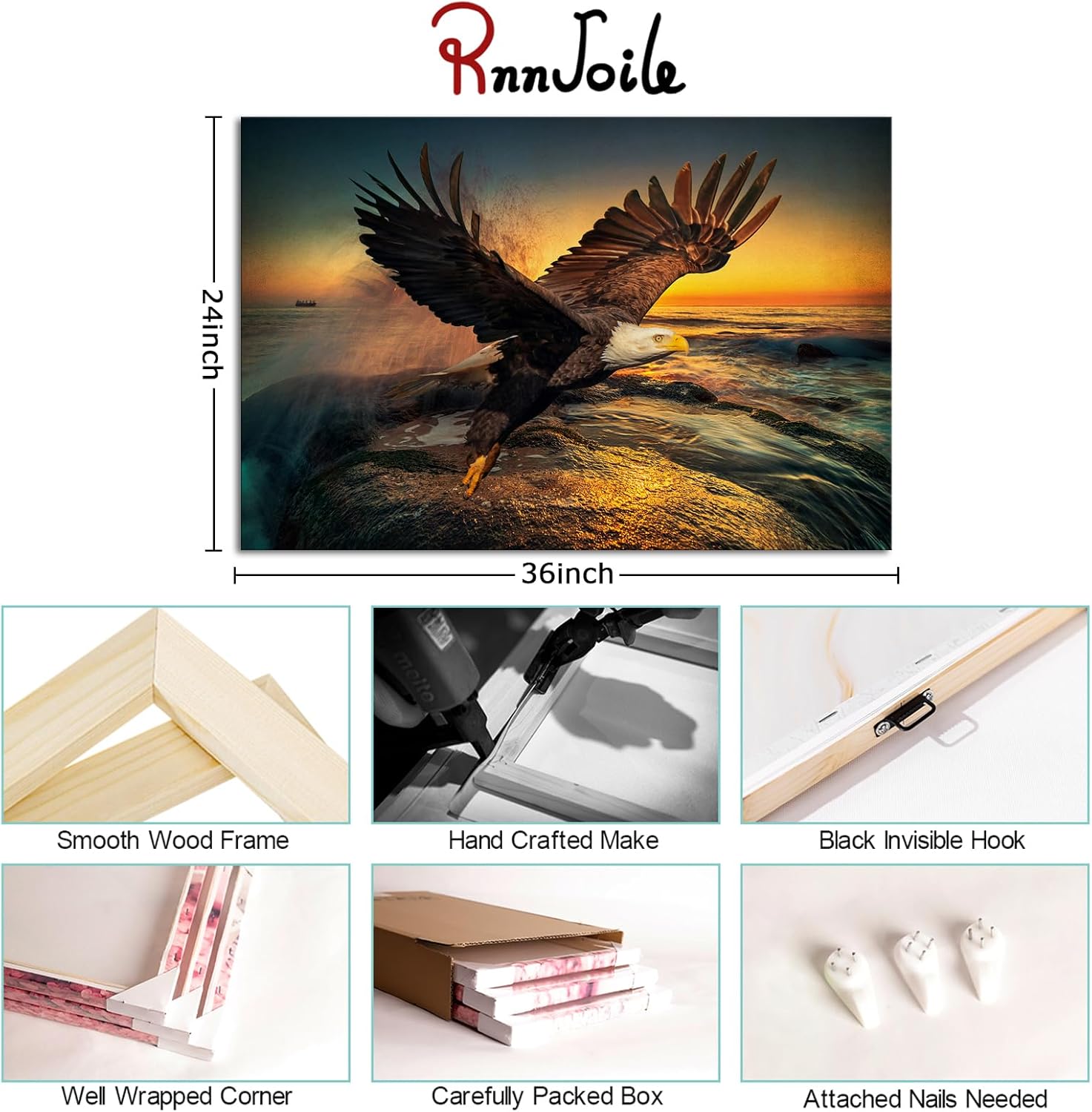 RnnJoile Bald Eagle Wall Art Large Flying Eagle Painting Prints Bird Sea Sunrise Picture Artwork Decorations Framed 24"x36"