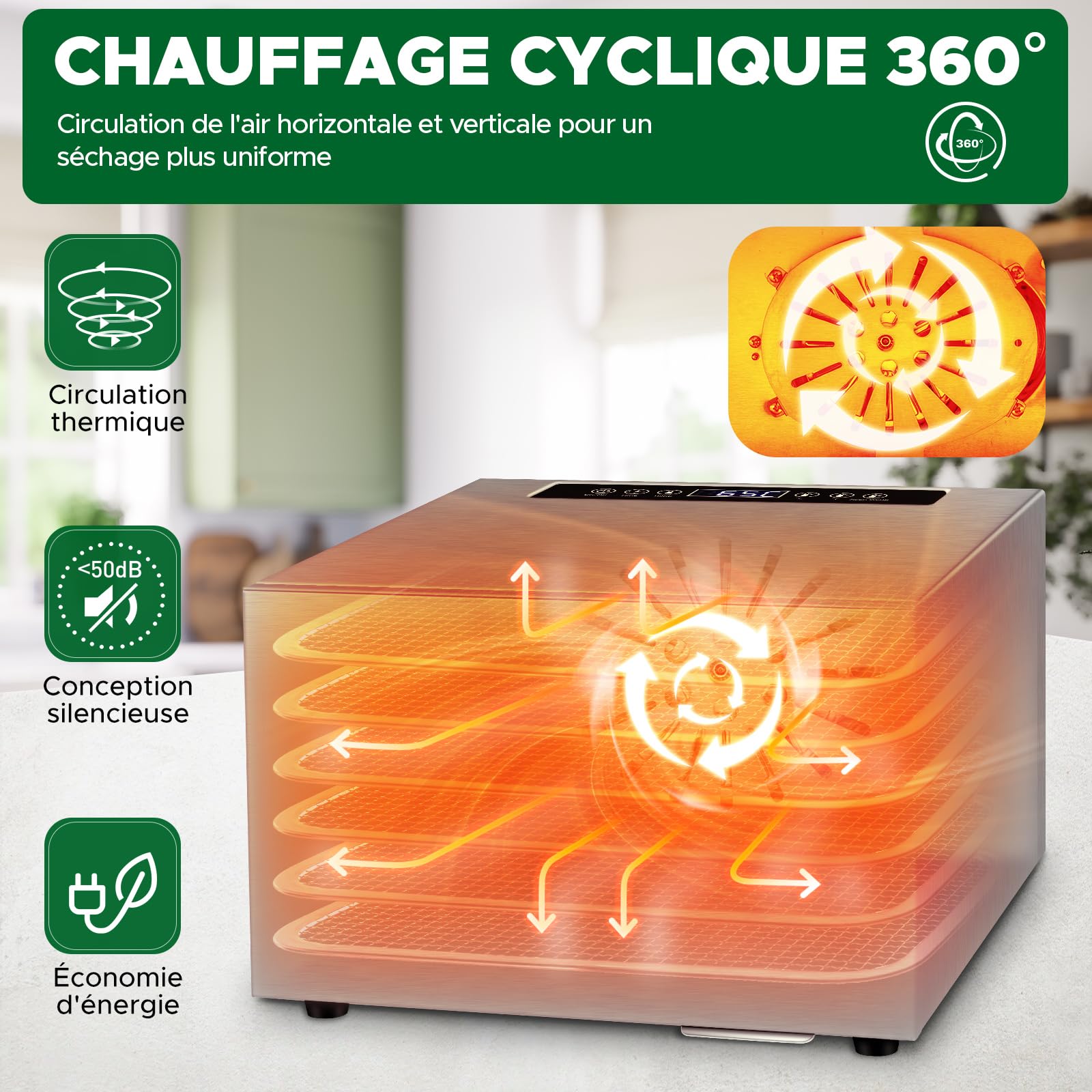Kwasyo Deshydrateur Aliment, Déshydrateur Inox 6 Étages, avec Minuteur (24H), Température réglable 30℃-90℃, Déshydrateur Électrique pour Boeuf, Fruits, Légumes, Sans BPA, 400W