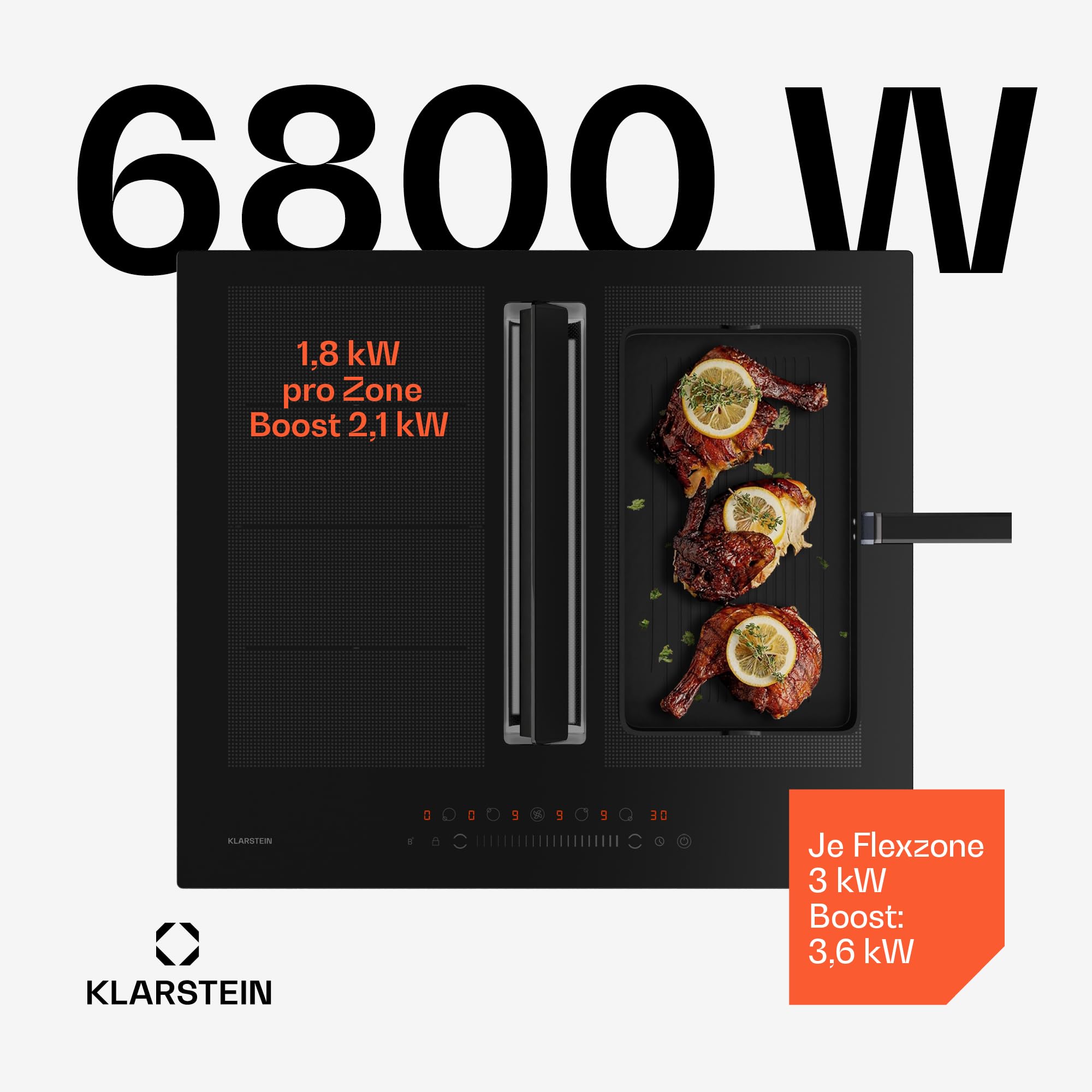 Klarstein Chef-Fusion Induktionskochfeld Mit Dunstabzug - 60 cm, 600 m³/h, 6400 W, Flexzone, Energieeffizienz A, Touch-Bedienung, Platzsparend, Schwarz, Induktionskochplatte