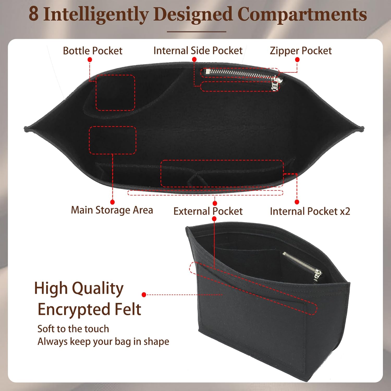 Doxo Longchamp Small Organizer Insert, Felt Bag Organizer with Cup Holderp,Suitable for Le pliage S Handbag and More(Black,S)