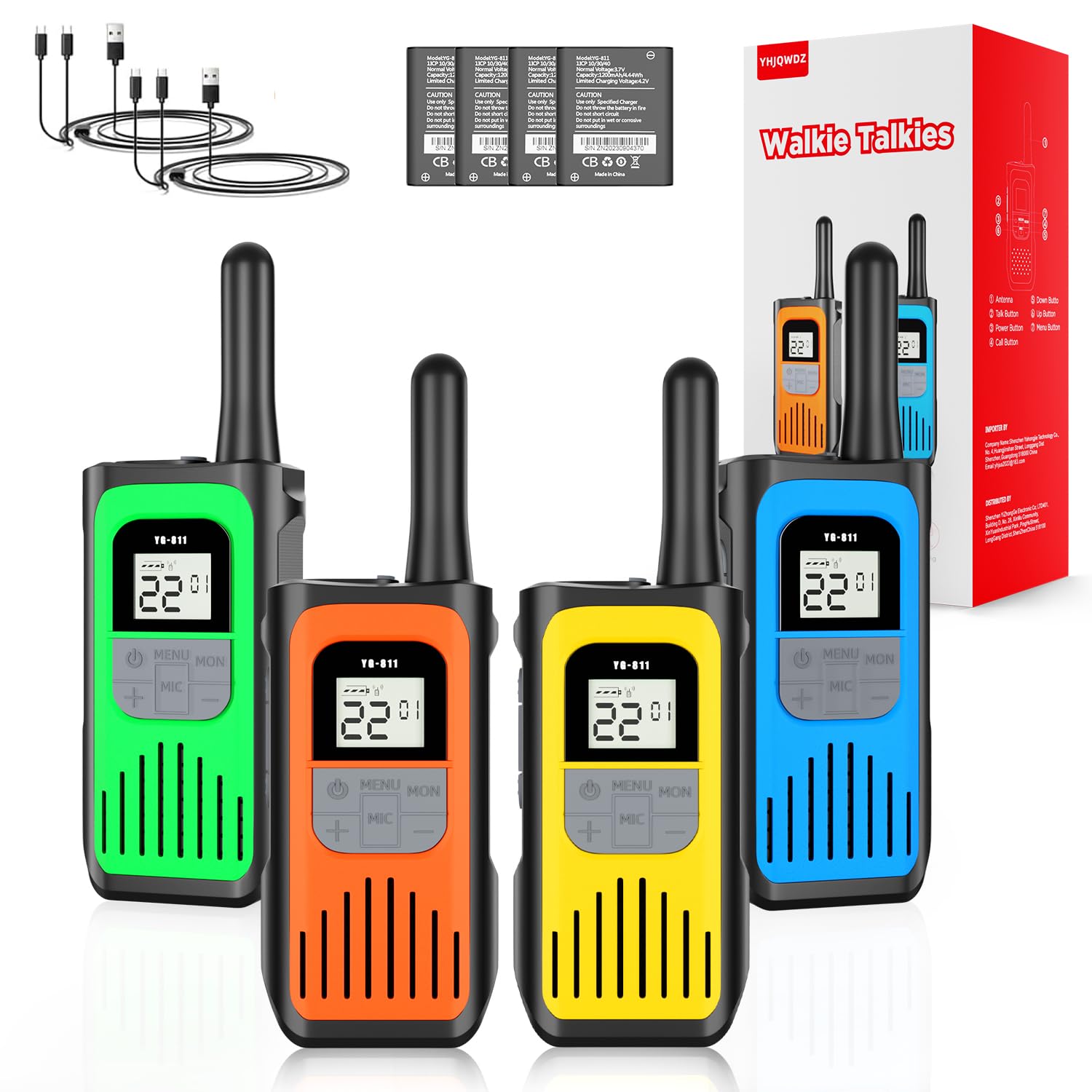 YHJQWDZ Walkie Talkies for Adults, Rechargeable Walkie Talkies Long Range 22 Channel Two-Way Radios with 1200mAh Li-ion Batteries and USB Charger for Biking,Camping,Hiking,4 Pack