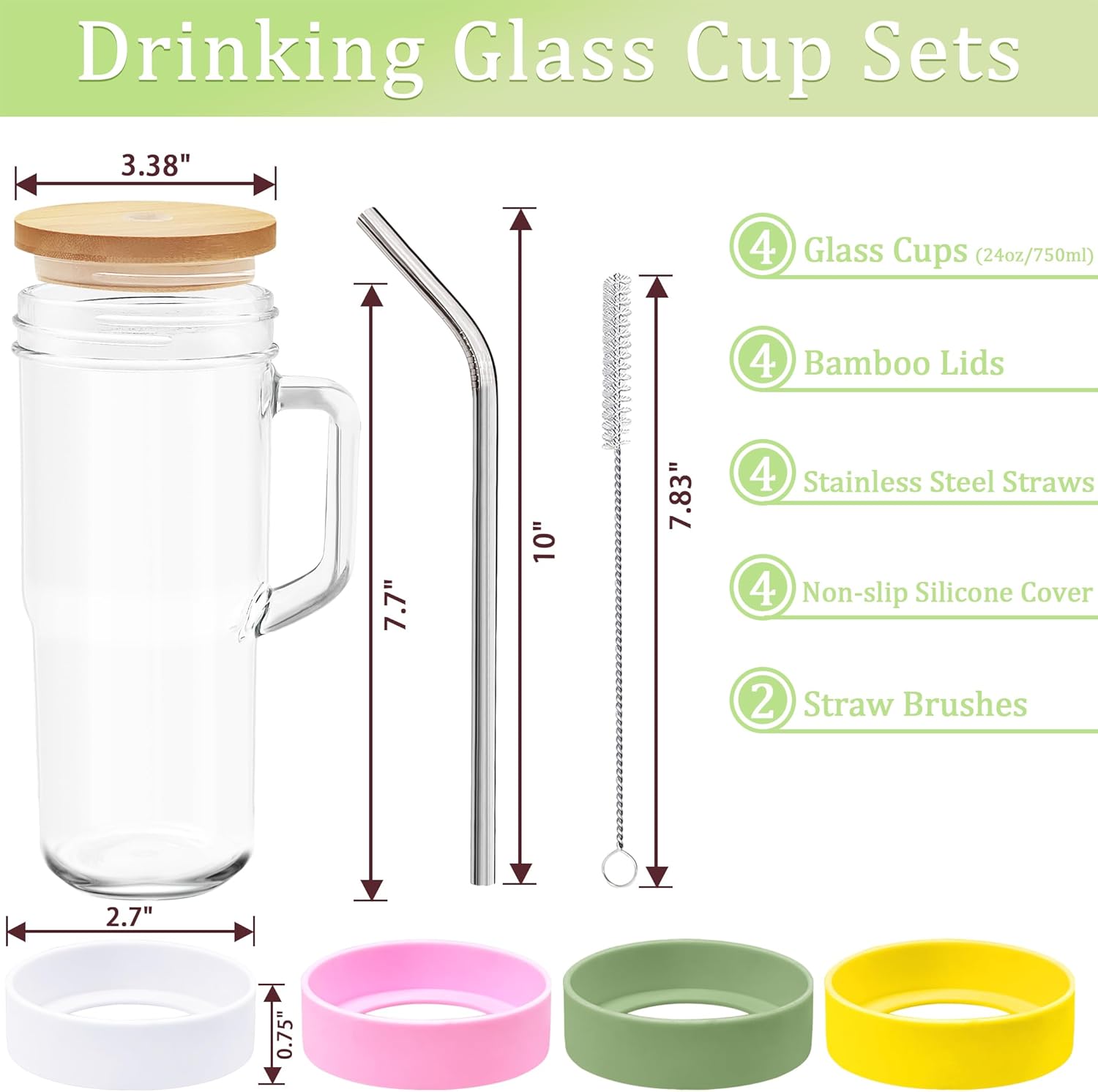 4Pack 24oz Glass Tumbler Cups with Handle Bamboo Lids and Straws Reusable Mason Jar Drinking Glasses for Iced Coffee Smoothies Beer Juice Tea Gifts