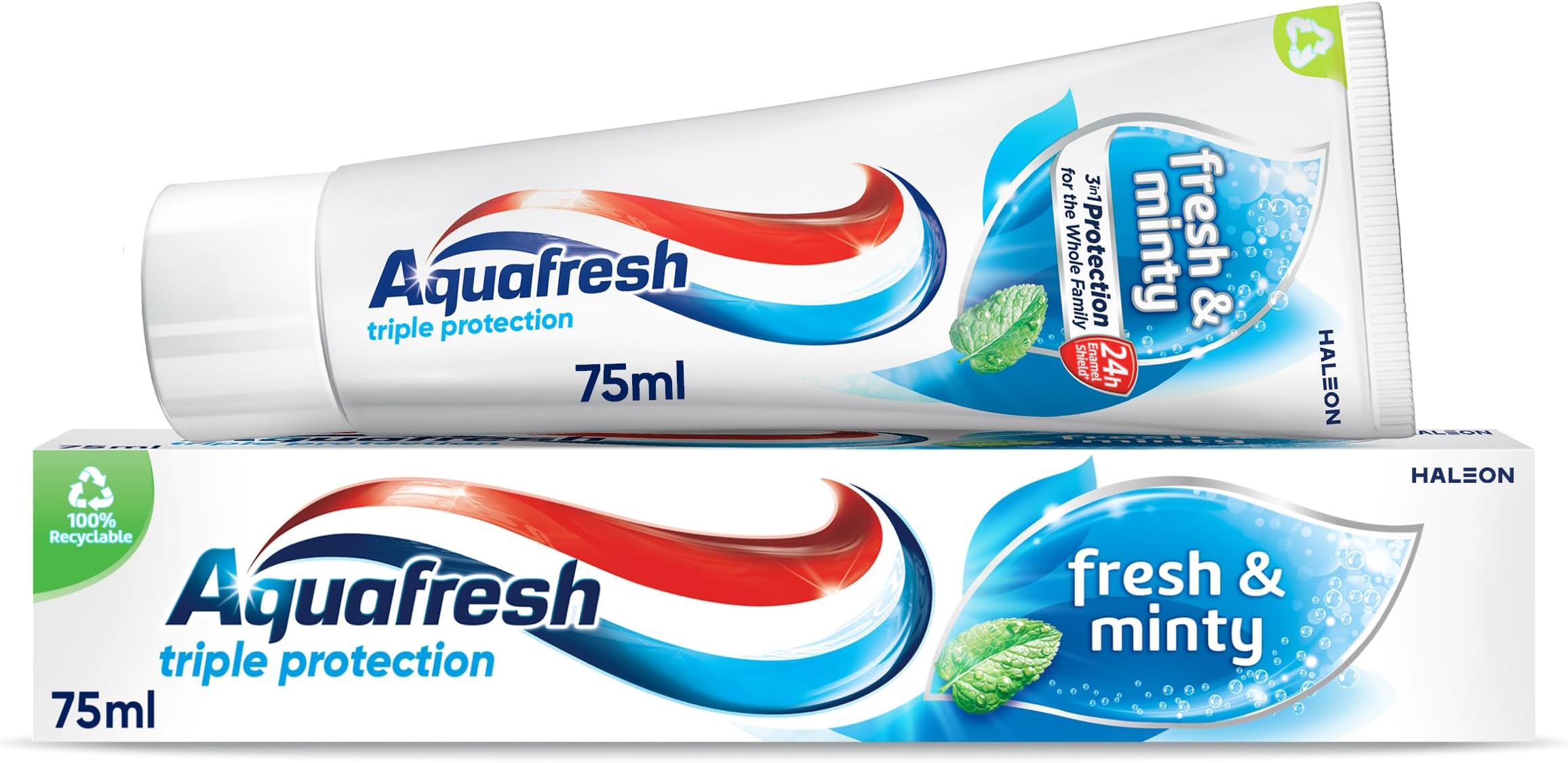 Fresh and Minty Fluoride Toothpaste, Triple Protection, Rebuilds enamel Strength, Helps protect gums* and Refreshes breath, 75ml