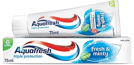 Aquafresh Fresh and Minty Fluoride Toothpaste, Triple Protection, Rebuilds enamel Strength, Helps protect gums* and Refreshes breath, 75ml