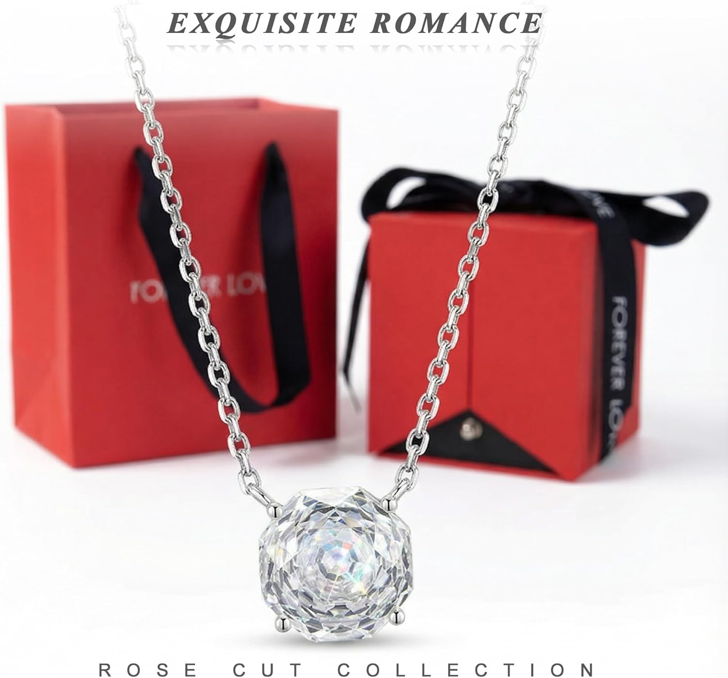 2ct Moissanite Necklace for Women - Real 925 Sterling Silver Rose Flower Pendant, D Color Lab Created Diamond Necklace Jewelry - Romantic Valentines Day Gifts for Girlfriend Wife Mom, Anniversary Birthday Gift Box
