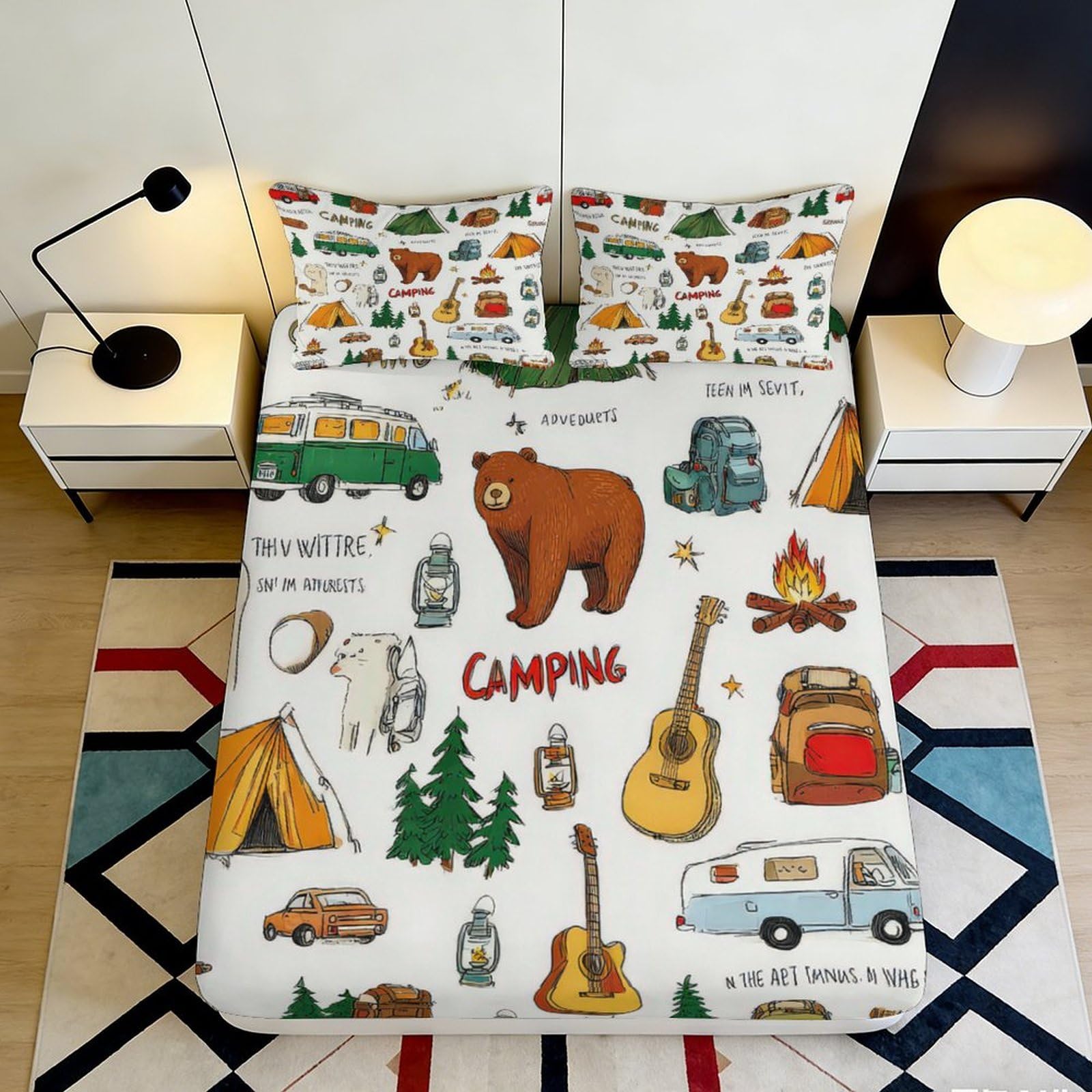 3D Printed Camping Bear Fitted Sheet Microfiber Durable Soft 3D Printed Adventure Mattress Cover for Bedroom Dormitory Guest Room Protection 200x200x25cm