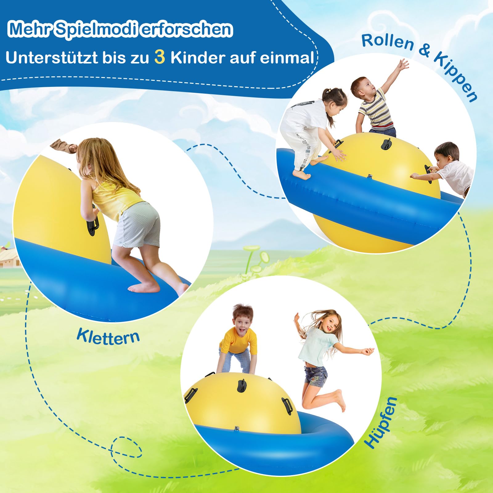 COSTWAY Aufblasbare Kuppelwippe für Kinder, 223 cm große Kinderwippe zum Rollen, Neigen, Klettern & Hüpfen mit 6 integrierten Griffen, Outdoor-Wippe für Kinder ab 5 Jahren (Gelb + Blau)