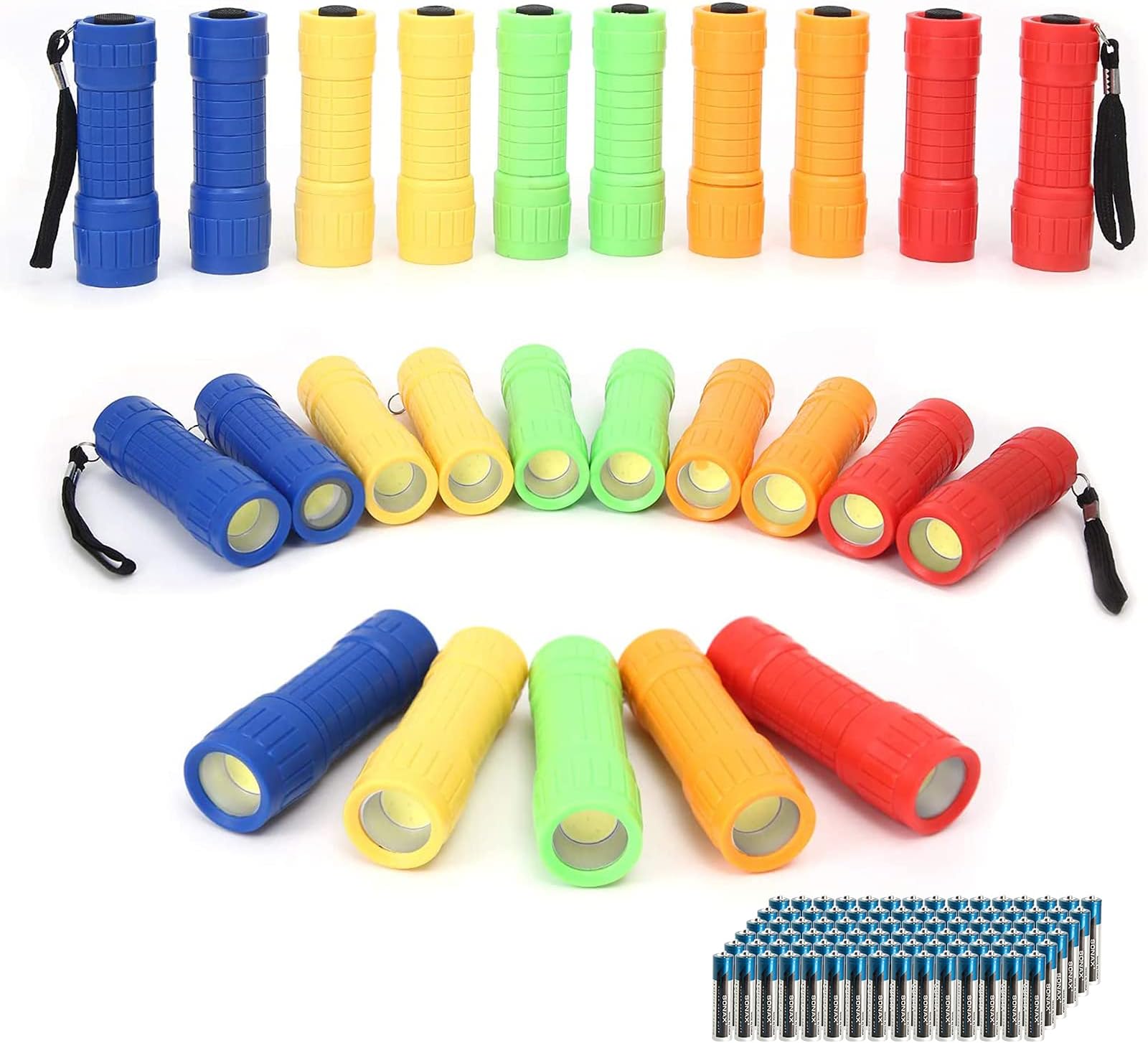 - 30-Pack Small Mini Flashlight Set, 5 Colors, COB LED Handheld Flashlight with Lanyard,90-Pack AAA Battery Included for Kids/Night Reading/Party/Camping/Emergency/Hunting