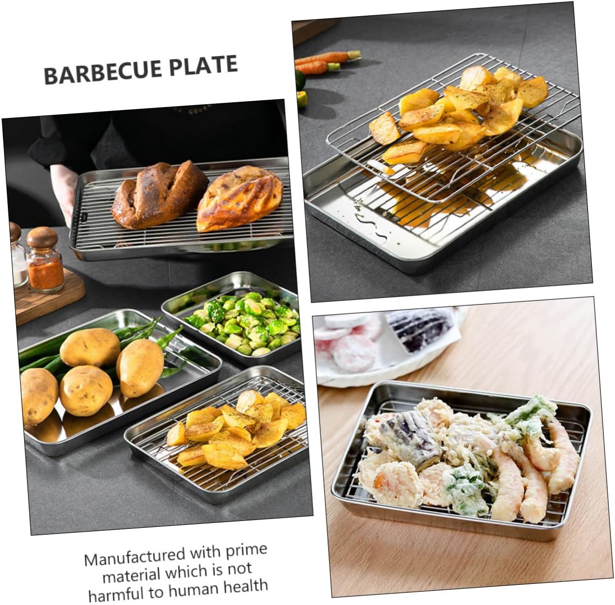 2sets Stainless Steel Baking Tray with Rack Fryer and Grill Storage Pan for Home Cooking for Draining Steaming and Baking Vegetables and Meats