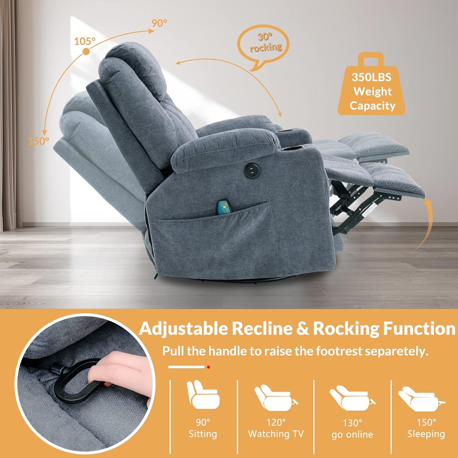 Swivel Rocker Recliner Chair - Manual Glider Rocking Recliner with Heated Massage Ergonomic Lounge Chair with 4 Pockets/Cup Holders/USB Ports/Remote Control (Gray-Blue)