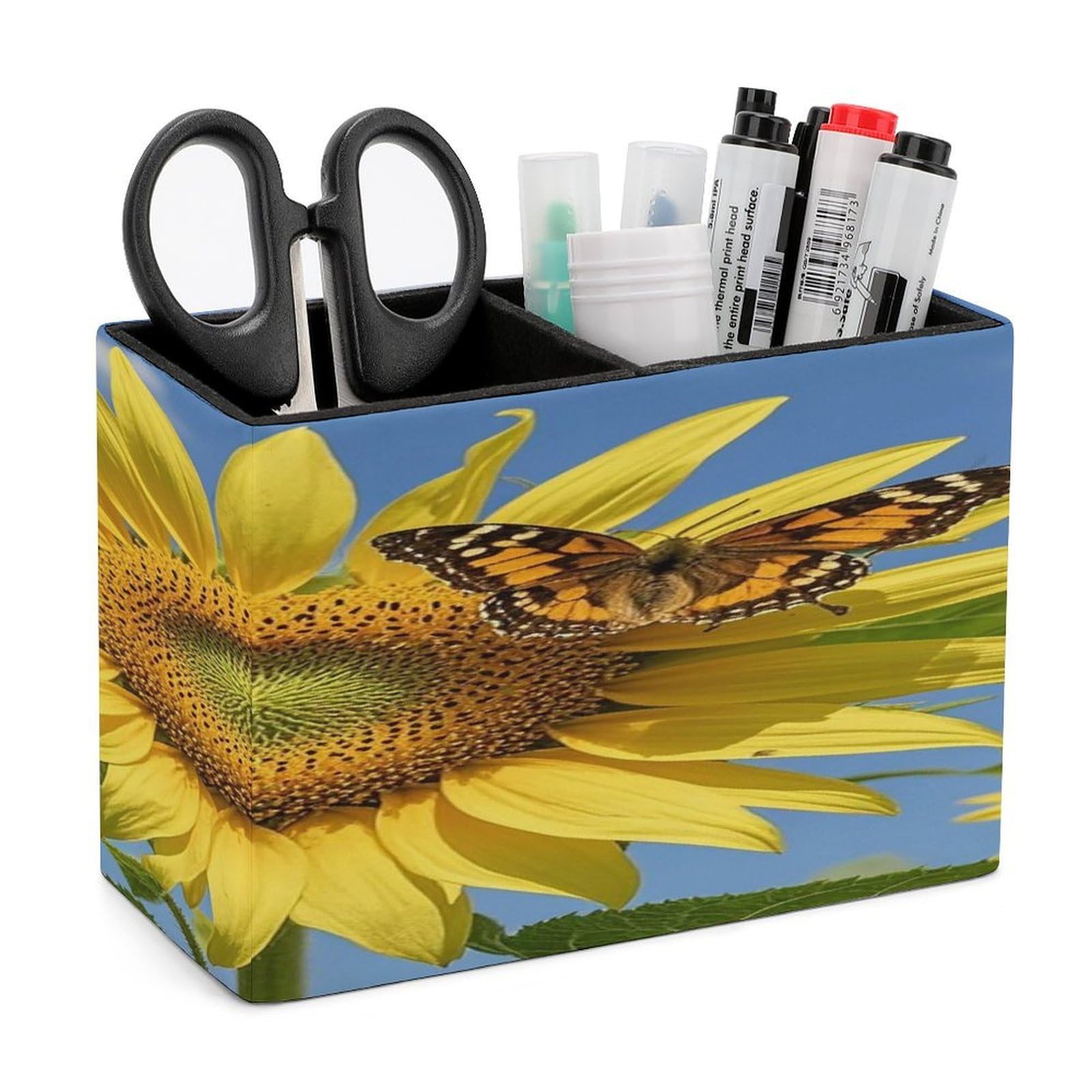 LZQPOEAS Sunflower And Butterfly Leather Pen Holder with 2 Compartments Luxury Pencil Holder Minimalist Pencil Cup Brush Scissor Holders Elegant Pen Cup for Office Home Desk Accessories