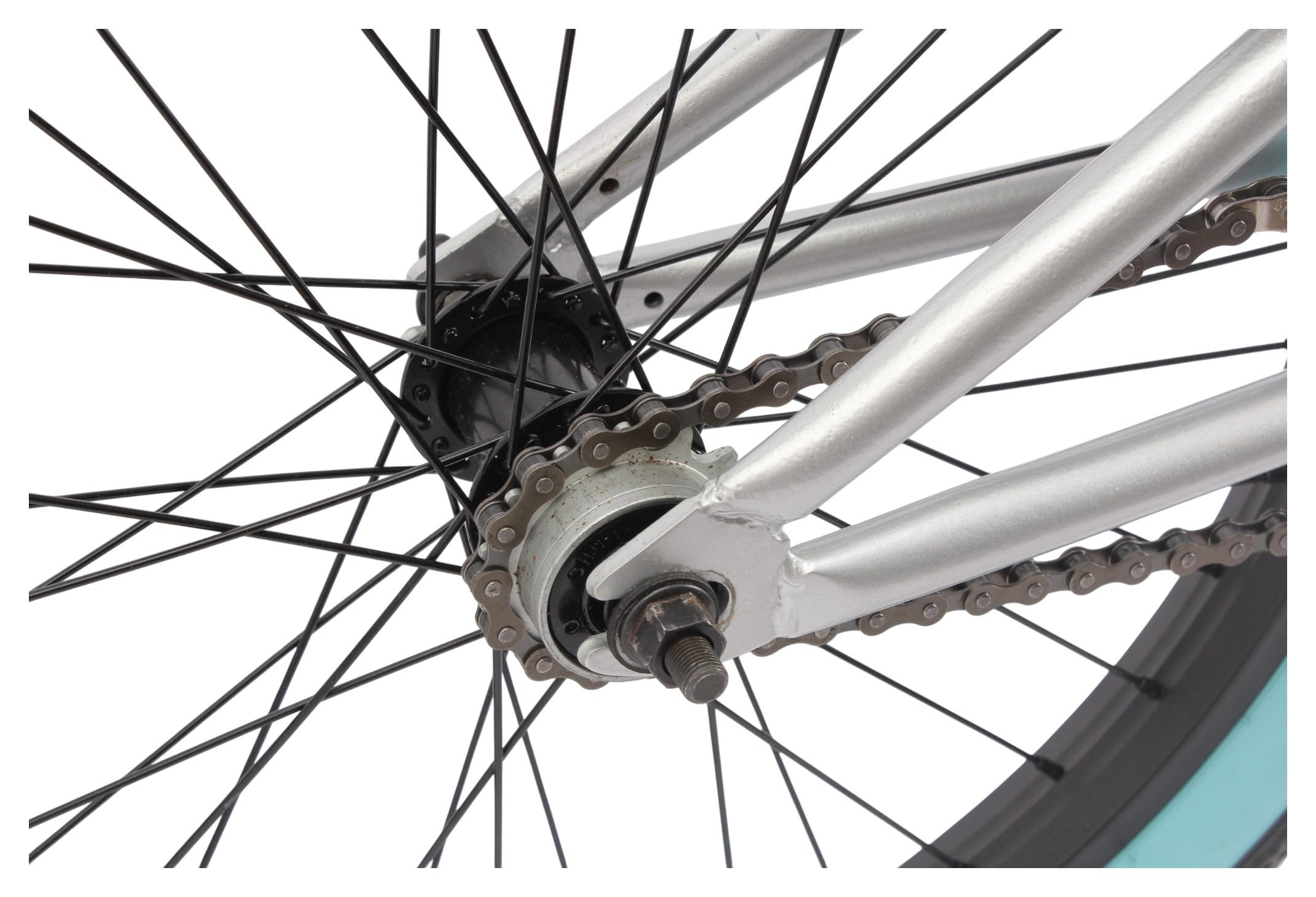 KHE Park Vélo BMX 20", léger, 11,1 kg, Freestyle Bike pour débutants et confirmés, freins en V, tube supérieur de 19,5", argenté/turquoise, modèle 2025