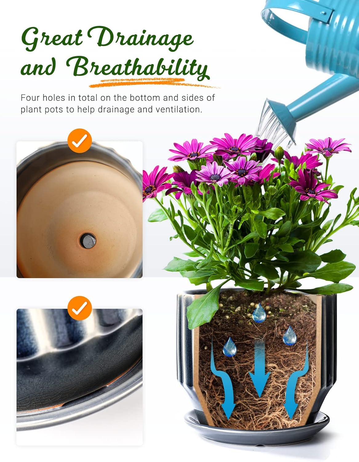 AISBUGUR Plant Pots 6 inch Ceramic Pots for Indoor Plants Set of 2 Flower Pots Unique Crackle Glaze Design Plant Pots with Drainage Hole and Saucer Come with Drainage Nets (Grey) - Image 4