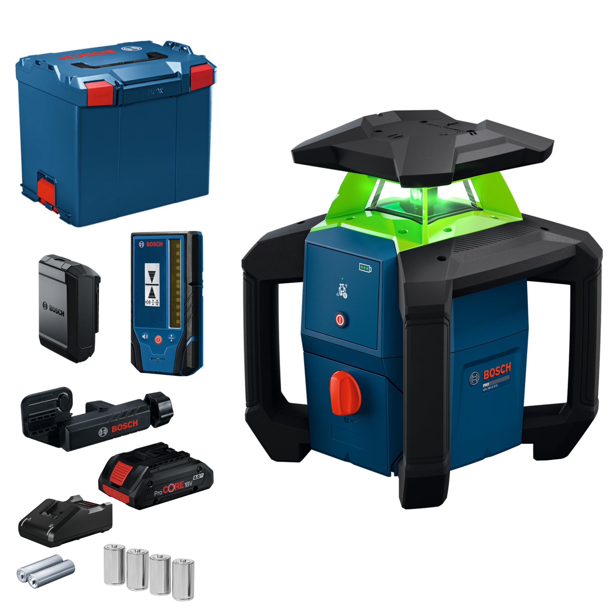 Bosch Livella Laser Rotante PRO GRL18V-3-31G (laser verde, protezione IP66, doppia alimentazione, +/- 1,5 mm di precisione a 30 m, LR3-2 + staffa, BA 18-C, ProCore 18V 4.0Ah, GAL 18V-40, L-BOXX 374)