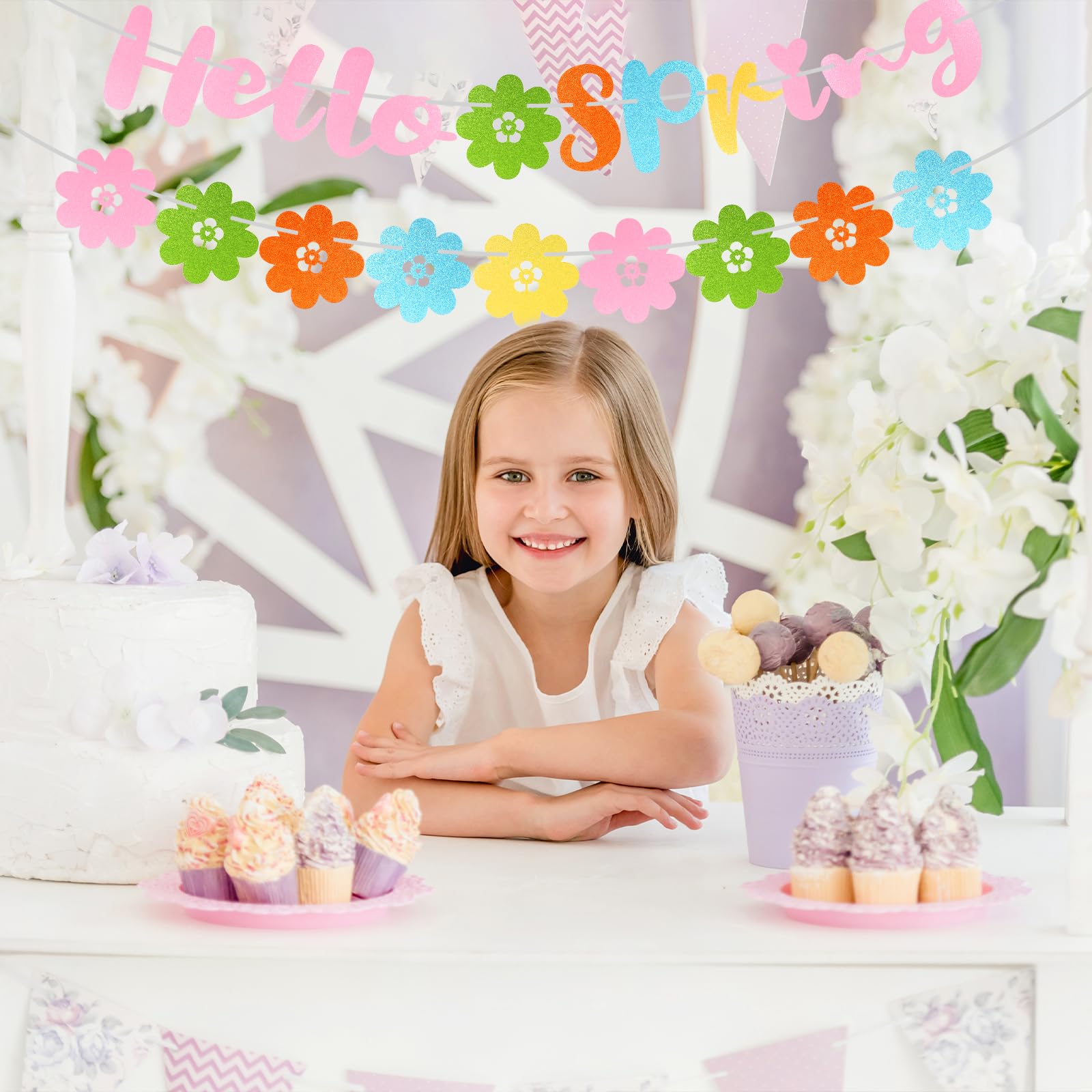 JKQ Glitzer-Banner 'Hello Spring' Mit Tulpen – 2 Stränge, 3m Lang, Für Frühlingsdekoration