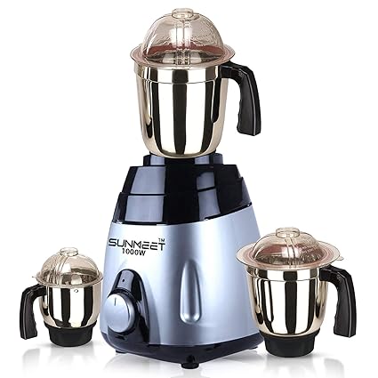 Sunmeet Black Silver Color 1000Watts Mixer Juicer Grinder with 3 Jar (1 Large Jar, 1 Medium Jar and 1 Chuntey Jar)(SM_1000W_Vguard-Blk-SLV_3J_MG18-MA) Make in India