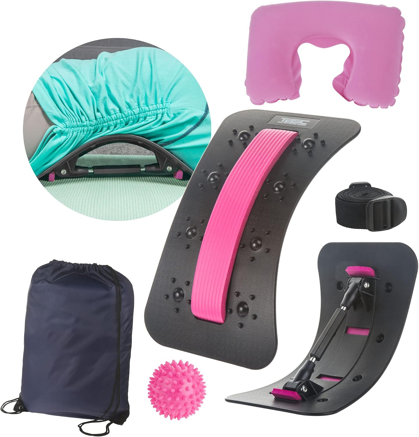 Back Cracker Device for Back Pain & Lumbar Support, Set of Back Stretcher Chiro Board, Neck Pillow, Massage Ball and Travel Bag, Must-Have Massage Tools, Pink - TBSC