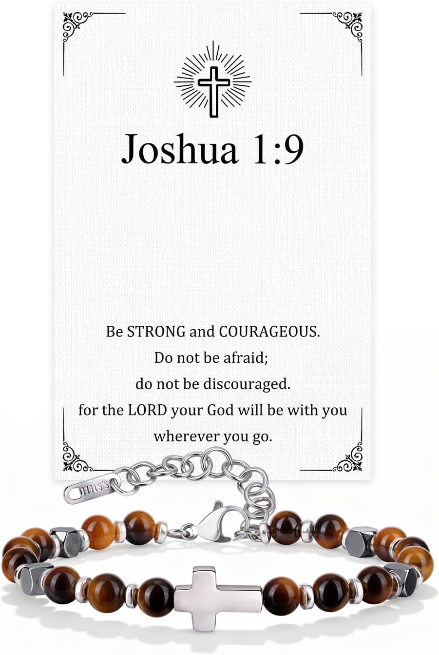 Birthday Valentine's Day Gift for Men Cross Boho Bracelets for Men Women, Beaded Chain Stainless Steel Cross Charms Men's Bracelet Faith Religious Easter Catholic Christian Jewelry Gift