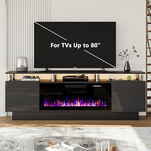 Miniatura 6 de Soporte de TV con chimenea de 36 pulgadas, soporte de TV negro de 70 pulgadas para sala de estar, moderno soporte de TV con chimenea eléctrica con