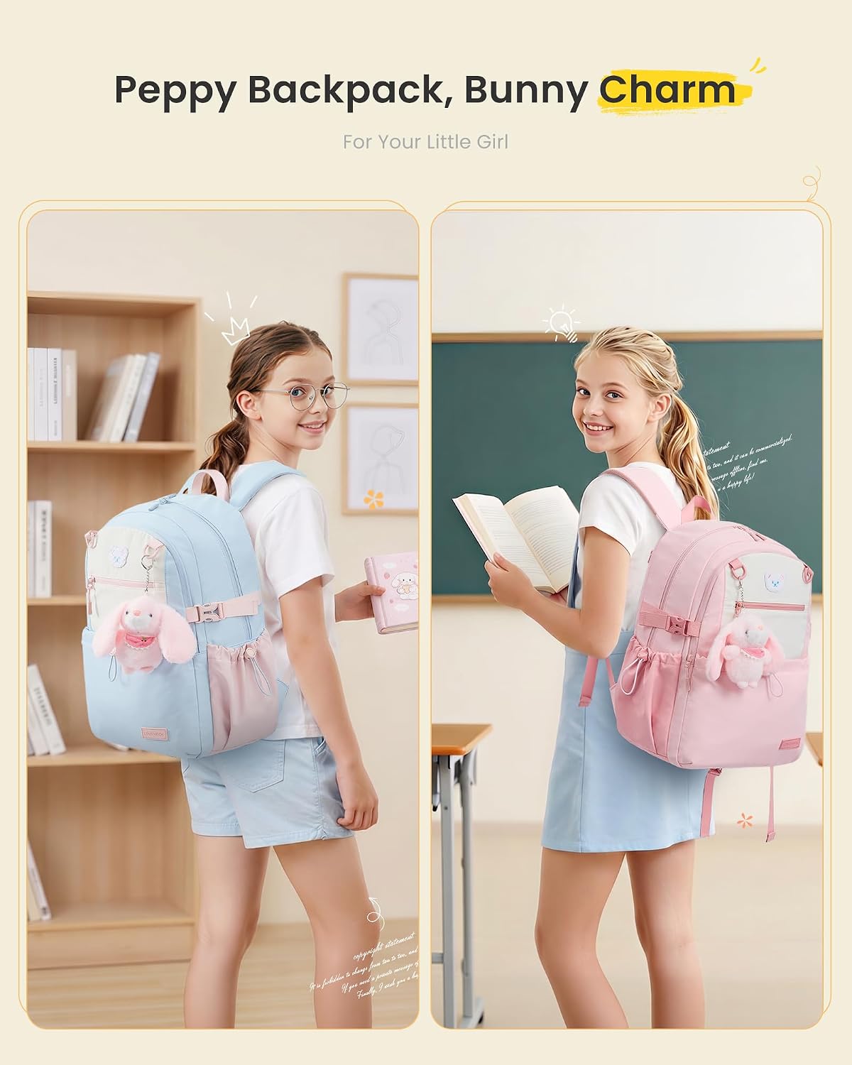 LOVEVOOK Backpack for Girls, Cute School Backpack with Bunny Charm & Large Cup Holder for Primary Elementary, Fits 15.6 Inch Laptop, Large Capacity Girls Bookbag,Sky Blue-Pink-Beige