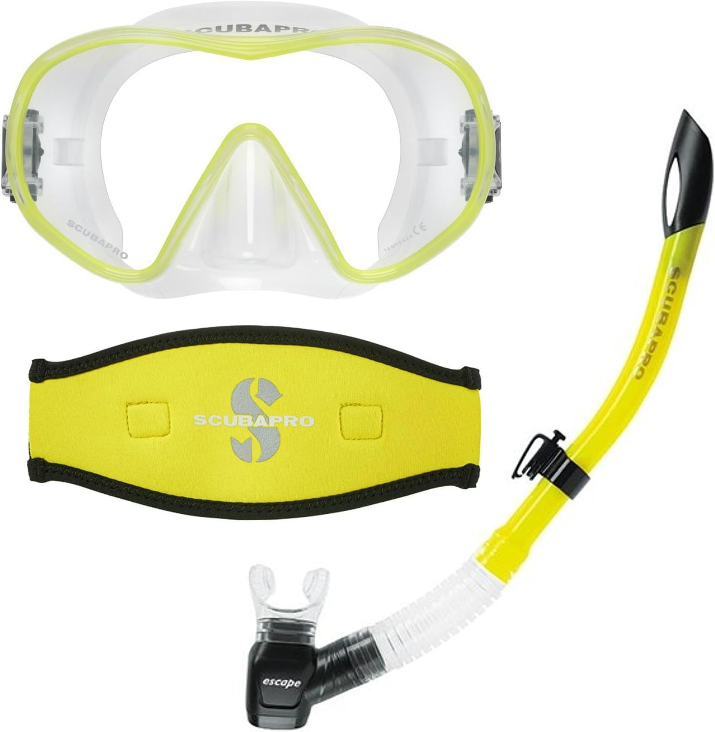 Scubapro Solo Dive Mask, (Clear/Yellow) w/Mask Strap Cover & Escape