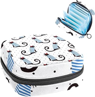 Cute Cat Wearing Blue Stripe Shirt Period Pouch Portable,Tampon Storage Bag for Sanitary Napkins, Multicolor, 4.7x6.6x6.6 in/12x17x17 cm