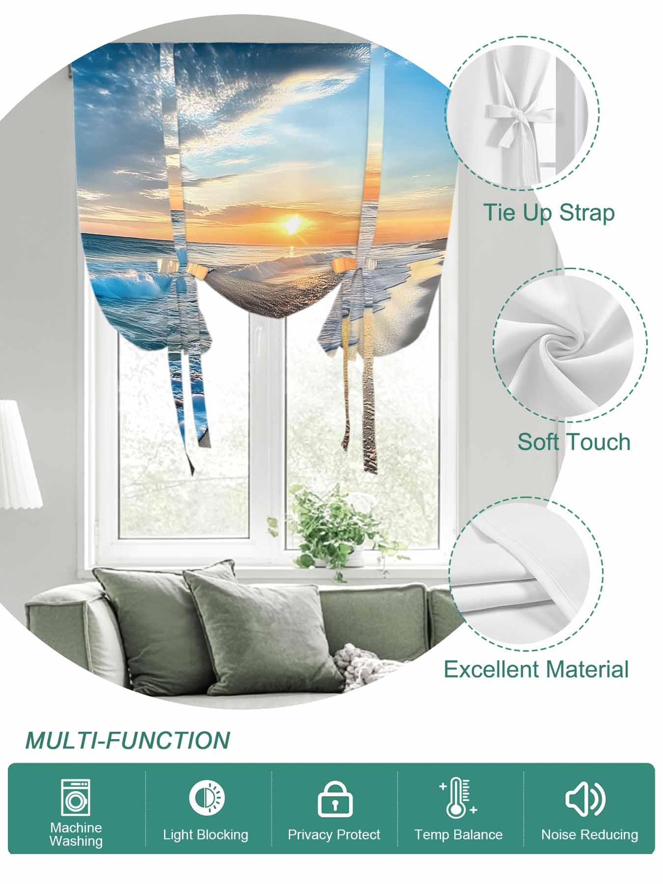 Tie Up Curtains for Windows Sunset Beach Roman Shade 52 x 45 Inch Bathroom Curtain Window Spray Ocean Waves Sky Nature Scenery Rod Pocket Short Balloon Curtains for Living Room Kitchen Small Blinds