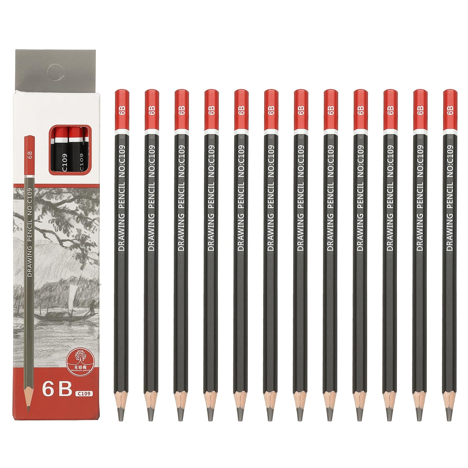 PATIKIL 24Pcs 6B Drawing Pencils for Sketching, Hexagonal Pre-sharpened Sketch Pencils for Drawing Writing Art Sketching Artists Beginners, Red/Black