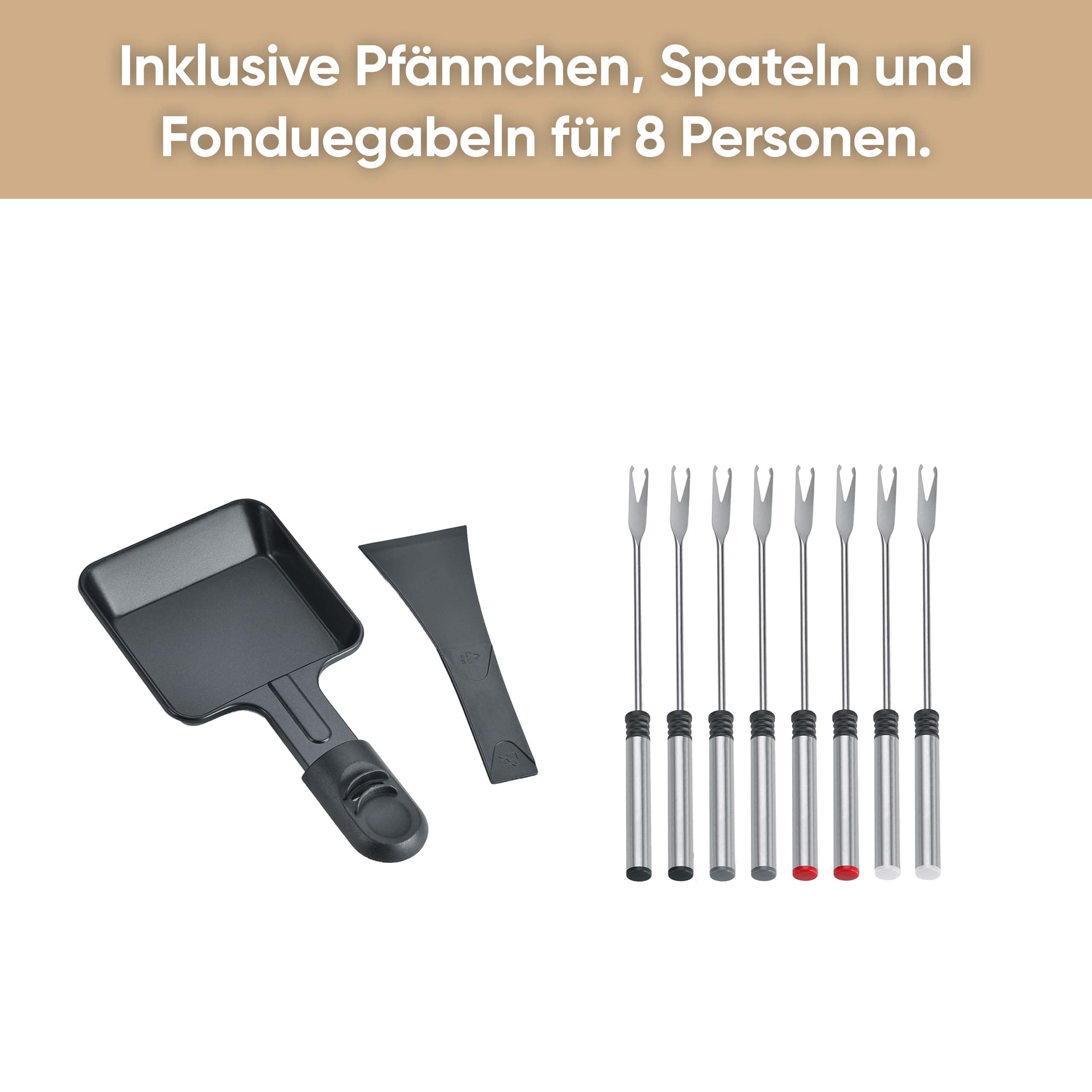 SEVERIN Raclette-Fondue-Kombination für 8 Personen, 2-in-1 Raclette Grill mit Grillplatte & Fondue-Set, Antihaftbeschichtung, inkl. 8 Pfännchen, Schabern & Fondue-Gabeln, spülmaschinengeeignet, RG2347