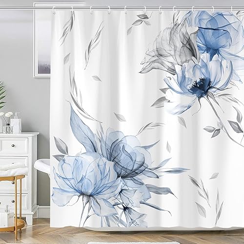 Juego de cortinas de baño con flores azules y grises, cortinas de baño rústicas, estilo bohemio, con hojas florales, decoración de baño, tela