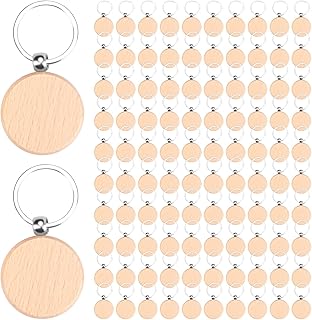 100個 木製キーホルダーブランク バルクラウンド木材彫刻ブランク 未完成の木製キーリングキータグ B