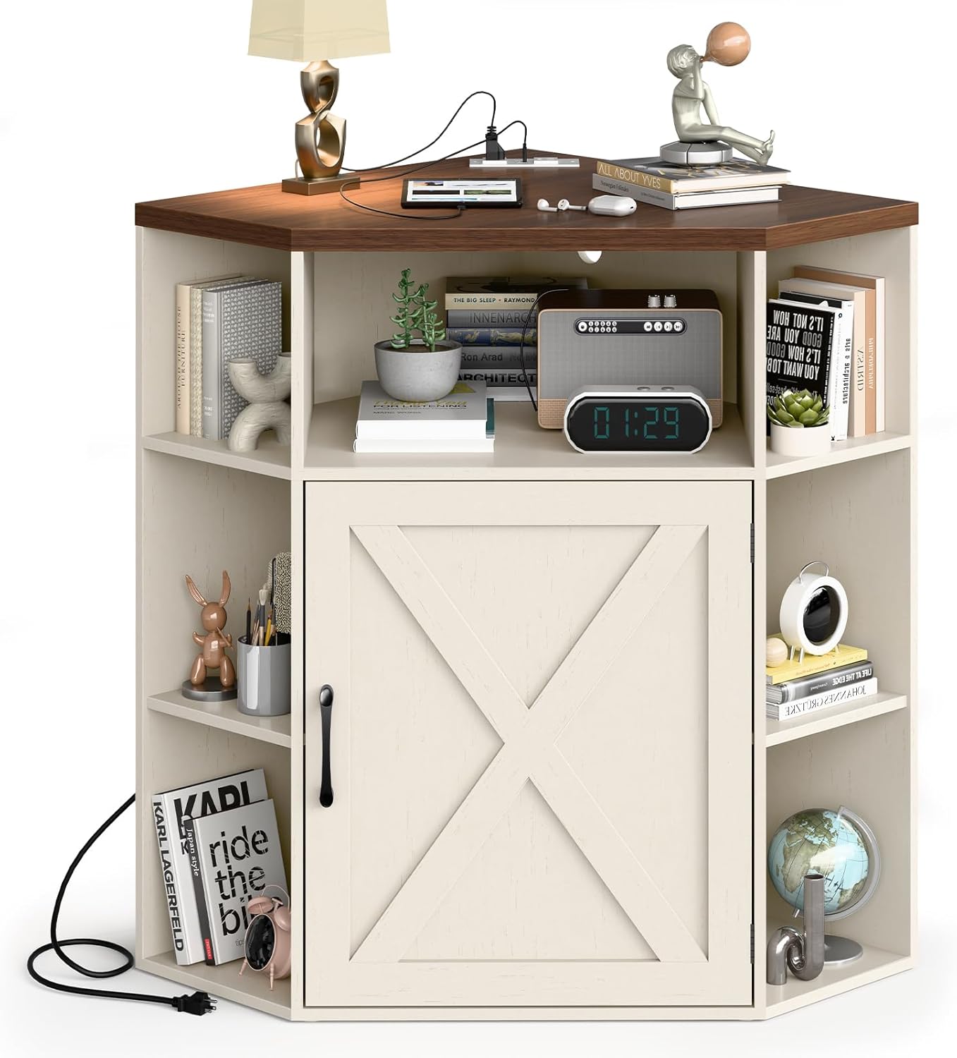 Halitaa Corner Storage Cabinet, Farmhouse Corner Bookshelf with Storage 6-Cubby Wooden Cabinet with USB Ports and Outlets Industrial Organizer for Small Space, Study, Playroom, Living Room