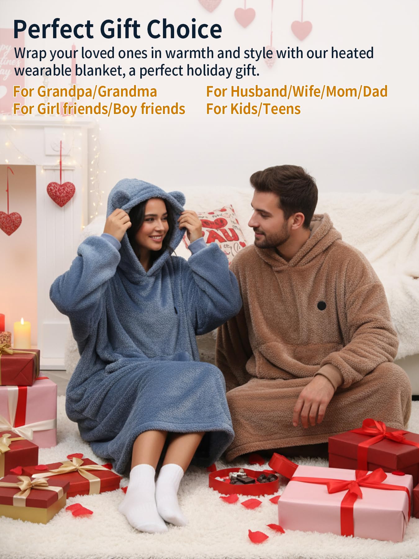 Couverture à capuche chauffante avec manches,avec batterie,10000 mAh,cadeau pour femme,couverture portable à enfiler sans fil flanelle,Sweat à Capuche Couverture,Cadeau de Noël pour petite amie 75x110