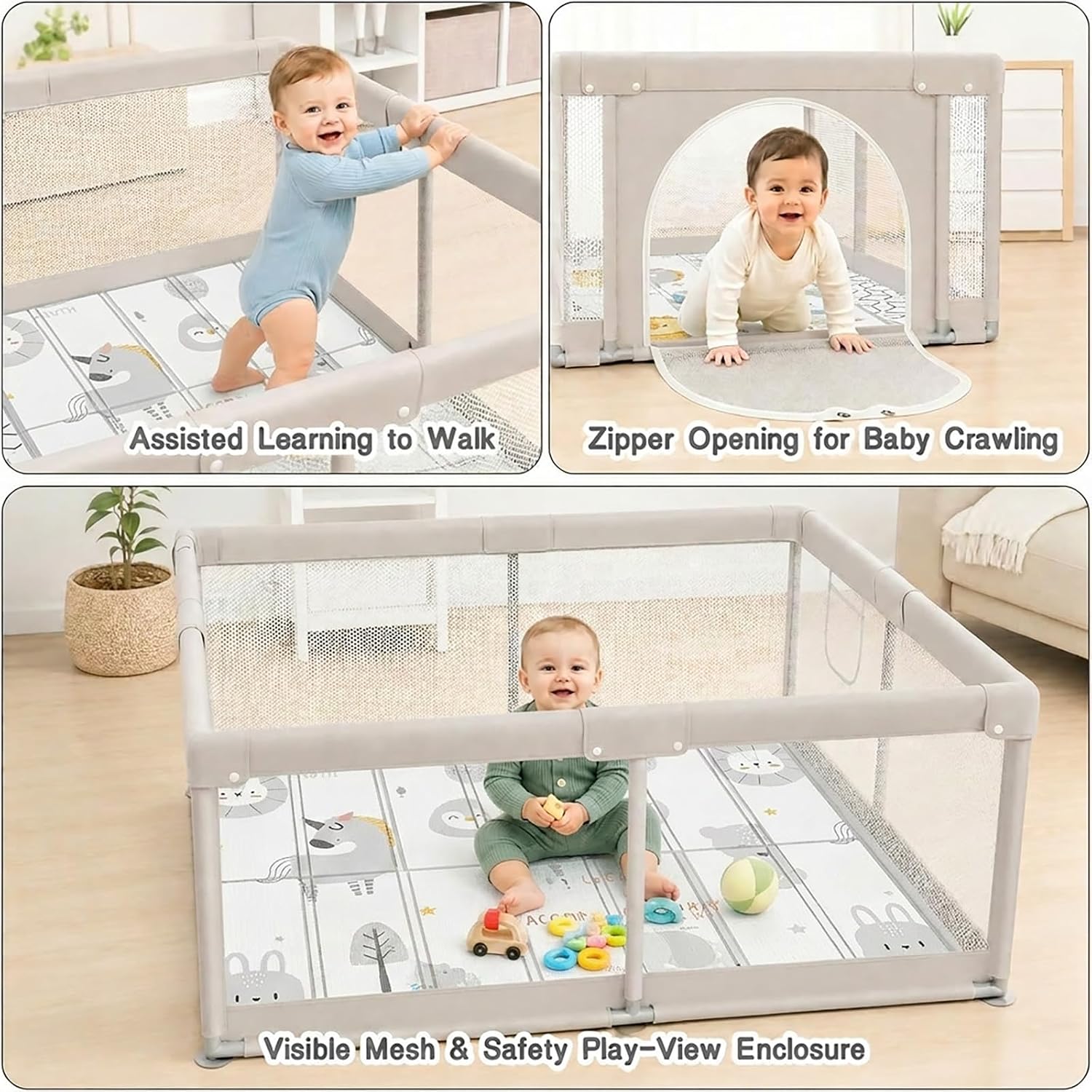 ZEEBABA Baby Playpen with Mat, Small Playpen with Soft Mat for Babies and Toddlers, 47×47inch Play Pen Playards Safety Gate Fence Active Center Indoor