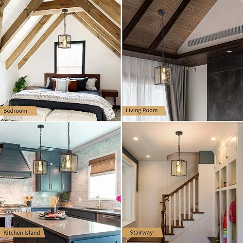 Miniatura 7 de Iluminación colgante, lámpara de cocina de jaula industrial, lámpara de casa de campo, luces colgantes de metal negro dorado E26, lámpara de techo