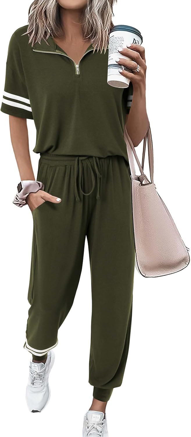 MASCOMODA 2 Piece Outfits for Women 2026 Summer Casual Quarter Zip Short Sleeve Tops Long Pants Tracksuit Jogger Lounge Sets