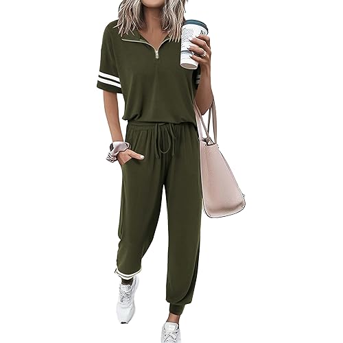 MASCOMODA 2 Piece Outfits for Women 2025 Summer Casual Quarter Zip Short Sleeve Tops Long Pants Tracksuit Jogger Lounge Sets